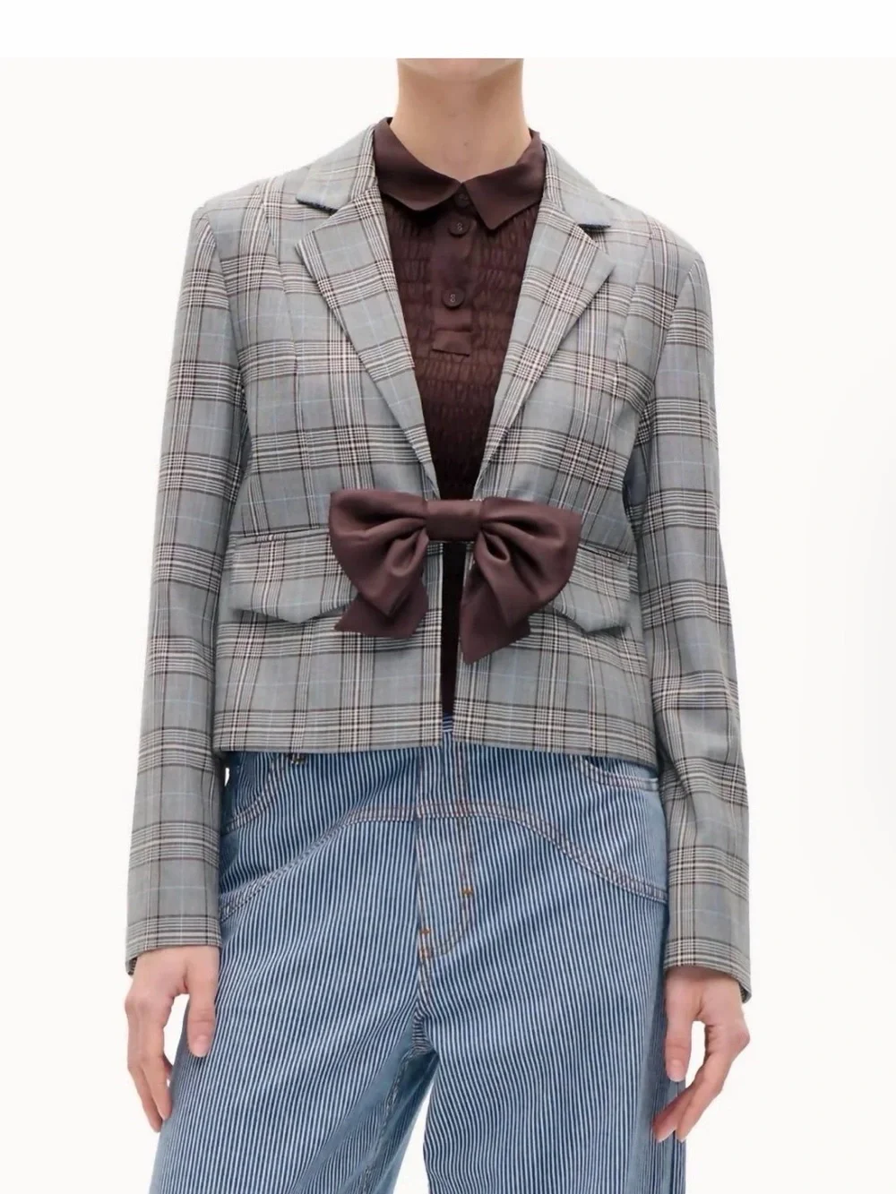 Baum und pferdgarten Cropped Gray Plaid Blazer with Brown Satin Bow Accent